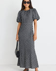 STORIES BE TOLD ASTRID CHECK PUFF SLEEVE BIAS MAXI DRESS