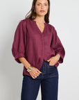 BY ROSA DEITY LINEN BUTTON THROUGH PUFF SLEEVE SS BLOUSE