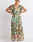 BY ROSA FLUTTER FLORAL FLOATY SLEEVE MAXI DRESS