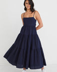 AMONG THE BRAVE GALAZY LINEN TIE BACK TIERED MAXI DRESS