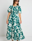 IVY + JACK MILANO FLORAL PUFF SLEEVE TIERED MAXI DRESS