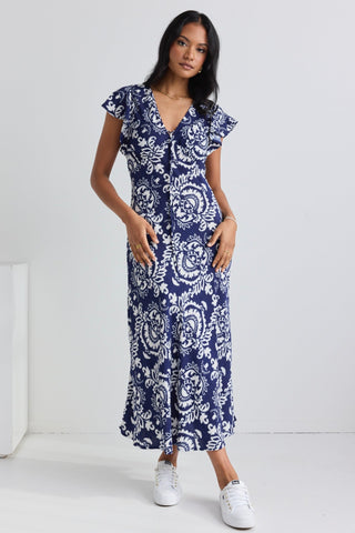 AMONG THE BRAVE OVATION TILE PRINT KEYHOLE TIE MIDI DRESS