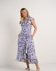 AMONG THE BRAVE EMPHASIS FLORAL FLUTTER WRAP MIDI DRESS