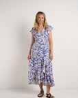 AMONG THE BRAVE EMPHASIS FLORAL FLUTTER WRAP MIDI DRESS